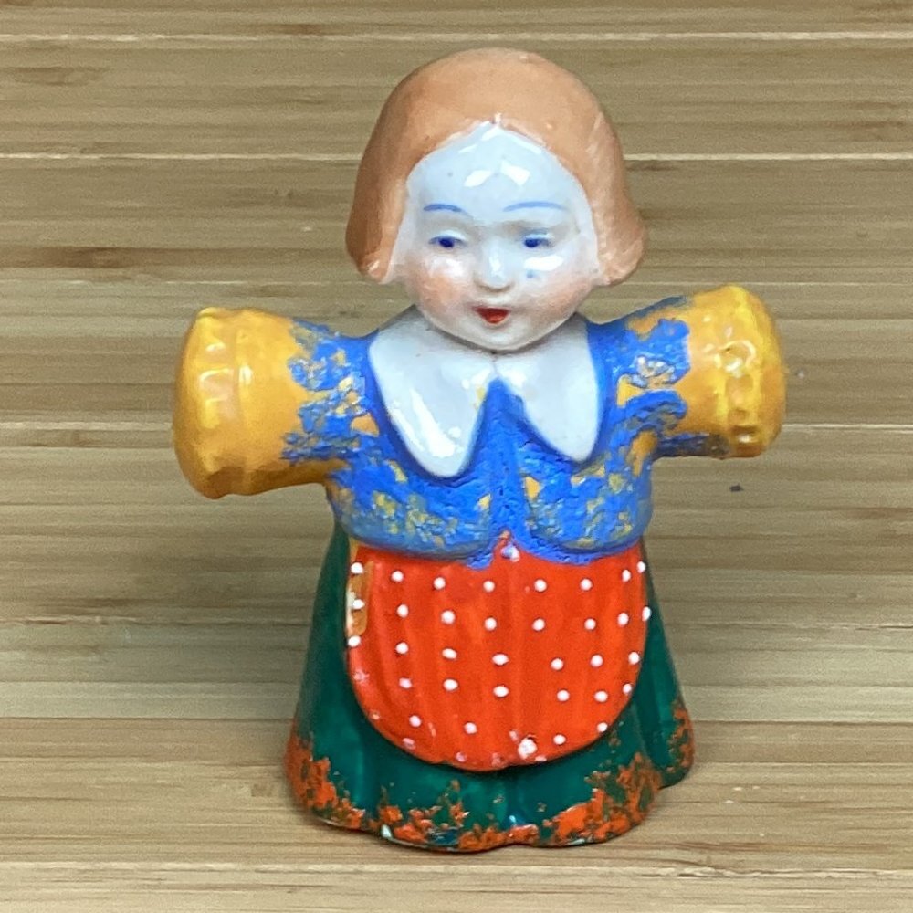 Vintage Folk Art Hand Painted Ceramic Salt & Pepper Shaker Girl